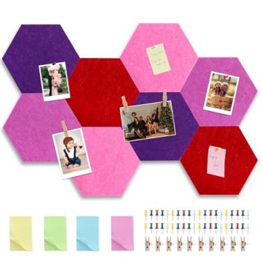 Imagem de Vuzvuv 8 peças de quadro de avisos hexagonais com 50 pinos e 10 grampos de madeira placa adesiva de cortiça para parede, placa de feltro para escola, decoração de escritório (roxo escuro)