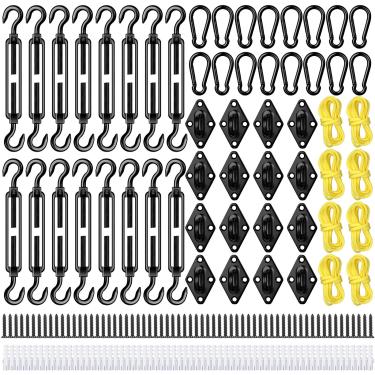 Imagem de Tandefio 184 peças kit de ferragens de toldo de sol resistente antiferrugem retrátil de aço inoxidável para instalação triangular retangular (preto)