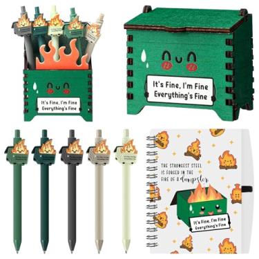 Imagem de Sherr Conjunto de 8 peças de porta-lápis de madeira para escritório de bombeiros emocionais, diários A6, canetas esferográficas engraçadas com notas adesivas de fogo para colega de trabalho