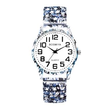 Imagem de JewelryWe Relógios femininos com pulseira elástica: relógio de pulso analógico de quartzo elástico de quartzo casual com pulseira de expansão floral para o Natal, Azul marino, relogio elástico