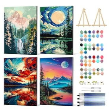 Imagem de JOOZ Kit de pintura por números para adultos com moldura, pintura da lua por número com cavalete, kits de pintura de adultos DIY Mountain Lake por números em tela, kit de pintura a óleo de paisagem