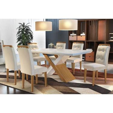 Imagem de Sala de Jantar Completa Imperatriz Tampo Madeirado c/ Vidro Canto Reto 180x90cm e 6 Cadeiras Imperatriz Capuccino/Suede Creme - Rufato