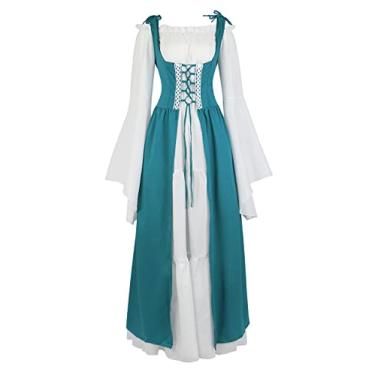 Imagem de Lehauya Traje feminino renascentista medieval irlandês sobre vestido e mangas trompete Chemise Boho conjunto, Azul marinho, 3X-Large