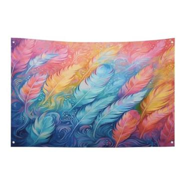 Imagem de Bandeira com quatro furos bandeiras para todos os climas com penas desenhadas à mão bandeiras decorativas de poliéster adequadas para uso interno e externo 89 x 159 centímetros