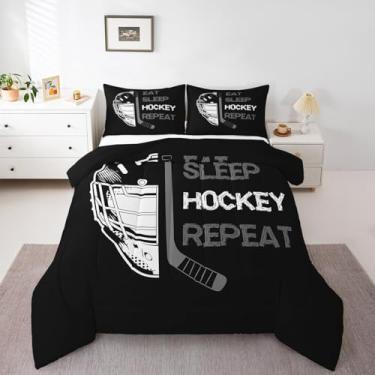 Imagem de Erosebridal Eat Sleep Hockey Bedding Full, Edredom De Hóquei No Gelo Para Meninos, Conjuntos De Edredons Para Jogos De Esportes De Inverno, Edredom Acolchoado Com Taco De Jogador De Hóquei Com 2 Fro