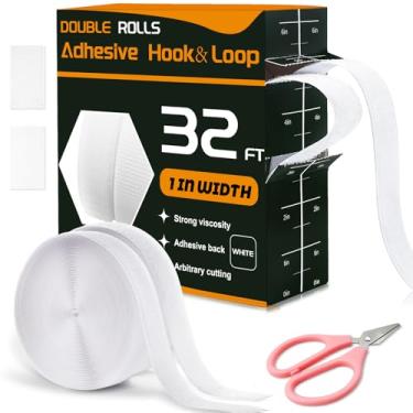 Imagem de Tiras de gancho e laço de 32 pés × 2,5 cm com adesivo, 2 rolos brancos autoadesivos de dupla face, fita adesiva para tecidos, fita adesiva de nylon para escritório em casa, escola e artesanato