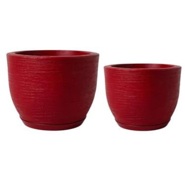 Imagem de Jogo de 2 vasos para plantas e flores redondos em polietileno jateado de 20 e 30 litros com prato coletor (Vermelho)