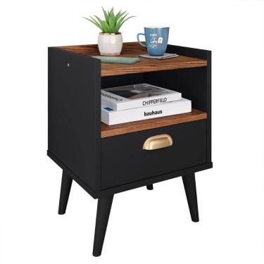 Imagem de Mesa de Cabeceira Nicho Mesinha Quarto 1 Gaveta Puxador Concha Lauren Estilo Retrô - Preto/Freijó - Lojas RPM