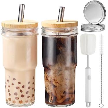 Imagem de ASANMEYO 2 peças de copos de vidro de 680 g com tampas e canudos de bambu e 2 tampas herméticas, copo reutilizável para smoothie, jarra de pedreiro, copos de café gelado, copo de vidro para chá de
