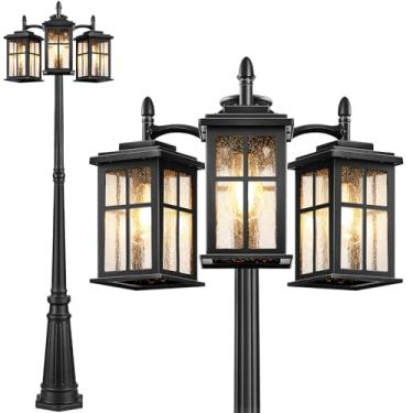 Imagem de VIANIS Poste De Luz Externo De 3 Cabeças Com Fiação Fixa, Postes De Luz Pretos Do Anoitecer Ao Amanhecer, Iluminação Externa Com Vidro Temperado Semeado, Poste De Luz De Rua Moderno Antiferrugem De
