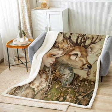 Imagem de Cobertor de veado e menina, cobertores de folhas de galhos mortos de chifre de alce para decoração de quarto de crianças, adolescentes e adultos, cobertor de lã de fada da natureza fofo, cobertor de