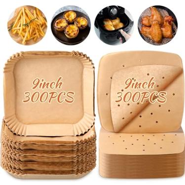 Imagem de LemonRoad 600 forros de papel descartáveis para fritadeira a ar, incluem 300 forros quadrados para fritadeira a ar, 300 papel pergaminho perfurado quadrado, 22 cm para assar, assar, micro-ondas