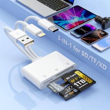 Imagem de Leitor de cartão multi3 em 3 SD/TF/XD para iPhone, Lightning + USB C + conector USB A, leitor de cartão de memória, leitor de cartão micro SD múltiplo para iPhone 15 14 13/iPad Pro/Samsung/Android/Mac