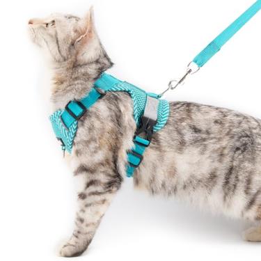 Imagem de pangdi Peitoral e coleira para gatos, à prova de fuga, extragrande, colete para gatos Maine Coon, para caminhadas, viagens, turquesa, 2GG