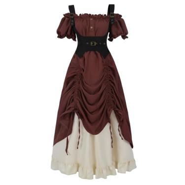 Imagem de LTAKK Vestido Renascentista Feminino Medieval Fantasia de Pirata Steampunk Ren Faire Vestidos com Espartilho 3 peças, vinho, GG