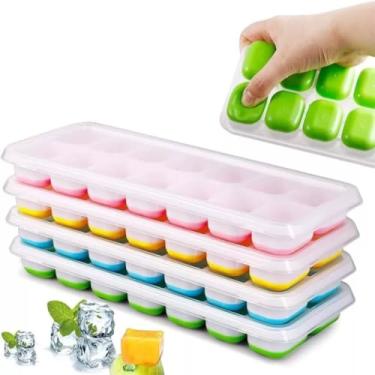 Imagem de Forma de Gelo Silicone Tampa Rígida Flexível Fundo 14 Cubos Retangular Multiuso Lavável Bandeja