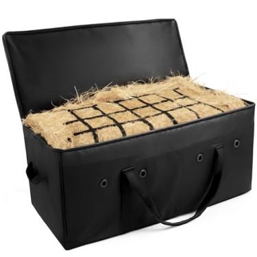 Imagem de MJFSGYO Saco de fardos de feno, 112 x 45 x 56 cm, sacos de feno extra grandes para cavalos, bolsa de armazenamento de fardos de feno resistente 600D, design de alimentação lenta regula a ingestão de