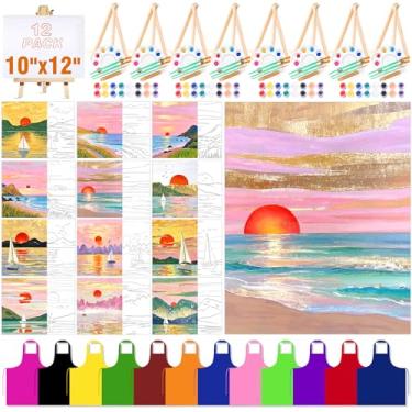 Imagem de QUANWAISJ Kit de 12 unidades de 25 x 30 cm para noite de meninas, kit de pintura e gole para adultos, tela pré-desenhada para pintar para adultos, suprimentos de festa, artesanato DIY (Golden Beach)