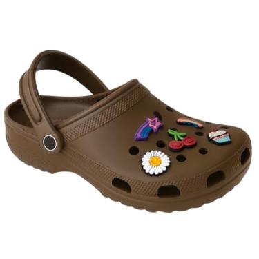 Imagem de Sandália Feminina Babuche Clog em EVA, Design Anatômico, com Acessórios Decorativos PINS, Antiderrapante, Confortável (Marrom, BR, Adulto, Faixa Numérico, 35, 36)