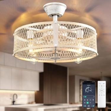 Imagem de Depuley Ventilador de teto externo com luz: Ventiladores de teto com gaiola de 50 cm com controle remoto de aplicativo para pátio cozinha quarto - lustre de casa de fazenda luminária reversível com