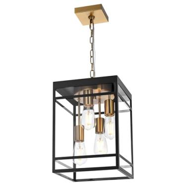 Imagem de QueeuQ Luminária pendente grande para varanda, latão preto para pendurar ao ar livre, luminária pendente com vidro transparente, 4 luzes para varanda exterior lustre para pátio externo, porta da