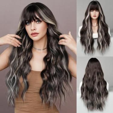 Imagem de TRUMOST Peruca preta com destaques brancos com franja longa ondulada ombré peruca preta branca 71 cm resistente ao calor peruca encaracolada sintética para festas festivais presentes uso diário