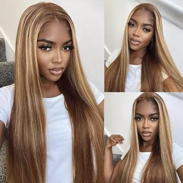 Imagem de Peruca de cabelo humano com renda marrom chocolate 6/613 Ombre mel loiro 180% densidade 33 x 10 perucas frontais lisas transparentes para mulheres perucas de cabelo humano frontal de renda colorida 50