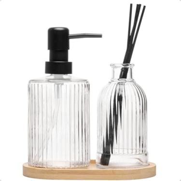 Imagem de Kit Banheiro Porta Sabonete Líquido e Difusor Aromatizador Lines com Bandeja de Bambu