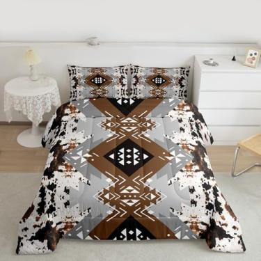 Imagem de Feelyou Southwestern Conjunto de cama macio para meninos e meninas, edredom de couro bovino, tamanho Queen, edredom boêmio, microfibra com estampa de pele de vaca, decoração de quarto, preto, bege