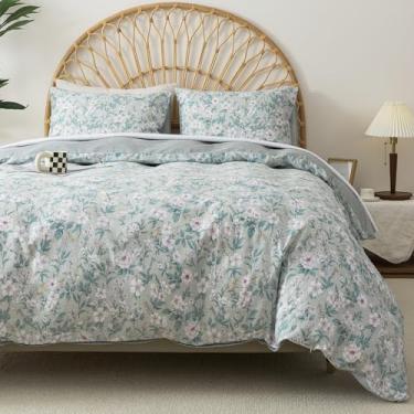 Imagem de HoneiLife Capa de edredom de flores silvestres Queen - Capa de edredom 100% algodão, conjunto de roupa de cama botânica com fecho de zíper e laços de canto, conjuntos de capa de edredom floral, verde