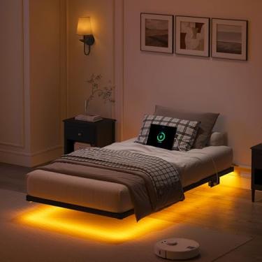 Imagem de YORMDMO Estrutura de cama flutuante tamanho solteiro, estrutura de cama resistente com luzes LED inteligentes e estação de carregamento, cama de plataforma de metal moderna, fácil montagem, sem