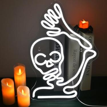 Imagem de FAXFSIGN Placa de caveira de esqueleto neon branco Halloween acenando fantasma LED para decoração de janela de parede Usb lâmpada divertida sinais de luz neon para quarto, bar de cerveja, quarto de