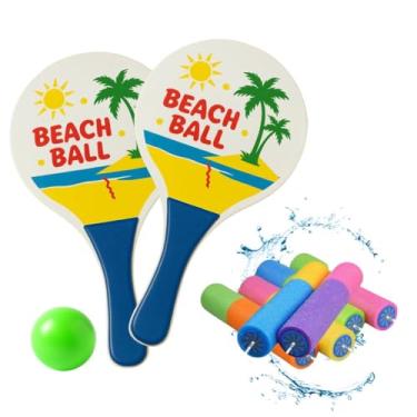 Imagem de Frescobol De Madeira Kit 2 Raquetes E 1 Bola + 2 Brinquedos Lançador De Água Mini 15 Cm Infantil Para Lazer Praia