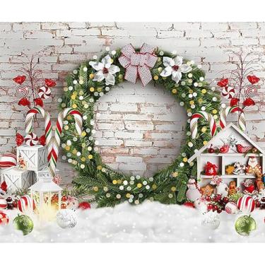 Imagem de Renaiss Pano de fundo de tecido para foto de bengala doce de Natal, 3 x 2,4 m, grande guirlanda de Natal, fundo de parede de tijolo branco, para festa de Natal, família, férias, banner, adereços de