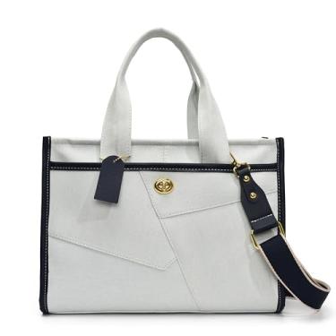Imagem de Bolsa feminina jeans de lona, emenda de dois tons, detalhes em couro, média, Branco