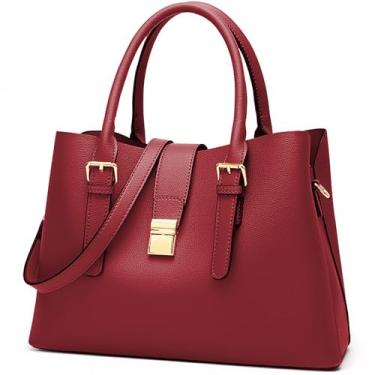 Imagem de Bolsas femininas de couro sintético vegano sintético para trabalho, bolsas médias para laptop com zíper, bolsas de ombro de grande capacidade com alça, Vermelho, Medium, Bolsa clássica - vermelha