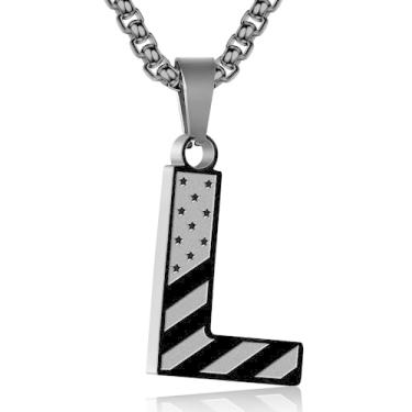Imagem de Zocomi Colar com pingente de inicial da bandeira americana para homens e meninos, corrente de aço inoxidável 316L A-Z caixa de letras 50 + 5 cm joias presentes, Aço inoxidável, Sem Pedra Preciosa