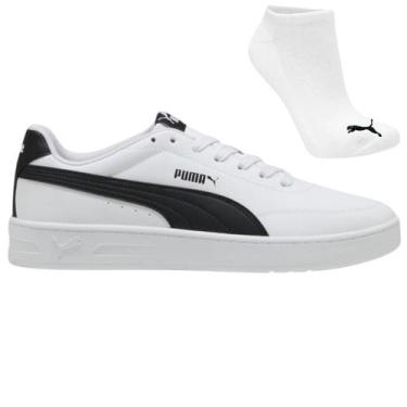 Imagem de Kit Tênis Puma Court Classic Clean E Meia, 39, Branco, Preto, Masculin