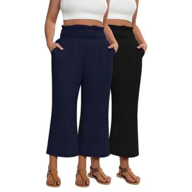 Imagem de Calças de linho femininas Oakgarden Plus Size com cintura elástica x2