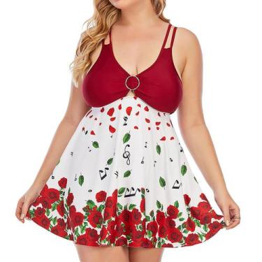 Imagem de Mulheres Plus Size Floral Print Split Swimsuit Biquíni Beachwear Swimw