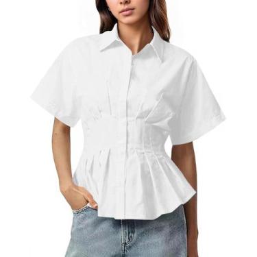 Imagem de Camisa feminina Soamat de manga curta com botões, branca, tamanho L