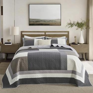 Imagem de Colchas King 120 x 120 - Conjunto de colcha King reversível xadrez irregular da fazenda tamanho grande, 3 peças, leve e fino, 100% algodão, Cal King, cinza/branco