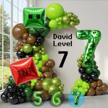 Imagem de Gamer Birthday Party Decorations Green Brown Pixel Number 7 Foil Balloon Arch Kit 134pcs Happy 7th Birthday For Boys Vedio Game Block Party Balloons TNT Cube Foil Balloons Game Night Party Supplies