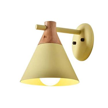 Imagem de Luminária de parede nórdica de madeira com cúpula de metal cônica, luminária de cabeceira para ambientes internos, luminária de parede para quarto infantil, luminária de parede E27 (cor: Gia