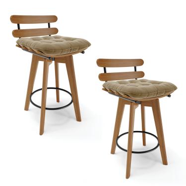 Imagem de Kit 02 Banquetas Giratória Costela Suede Marrom Rato Base Madeira MA70 J01 - D'Rossi