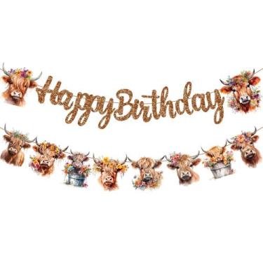 Imagem de Decorações de festa Highland Cow Birthday Banner Brown Glitter - umoni