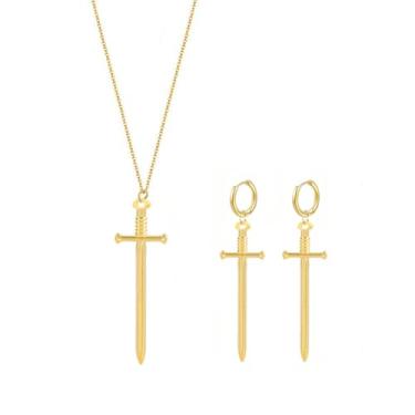 Imagem de Conjunto de brincos de colar de cruz de espada punk, retrô, longo, com pingente, faca, punhal, vintage, prata, espada, argola, brincos góticos, conjunto de joias para homens e mulheres, acessórios de