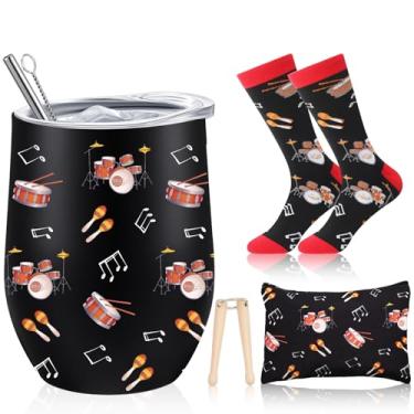 Imagem de Sliner 4 peças presentes para professores de música, copo de vinho musical, 340 g, meias de maquiagem, chaveiros para coro, banda marcial, músicos, cantores, presentes de Natal (bateria musical)