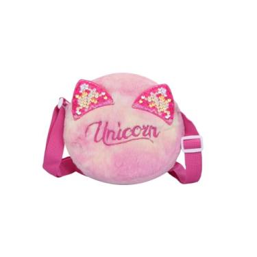 Imagem de Bolsa tiracolo redonda de pelúcia felpuda com lantejoulas brilhantes para meninas, bolsa de mão fofa de unicórnio, mini bolsa de ombro, Rosa choque, One Size
