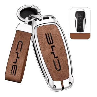 Imagem de Capa de Chave Premium BYD, Capa Protetora para Chave de Carro em Liga de Zinco e Couro – Case com Chaveiro e para BYD Han Ev Tang Dm Qin Plus Song Pro MAX Yuan Key (Prata Marrom)